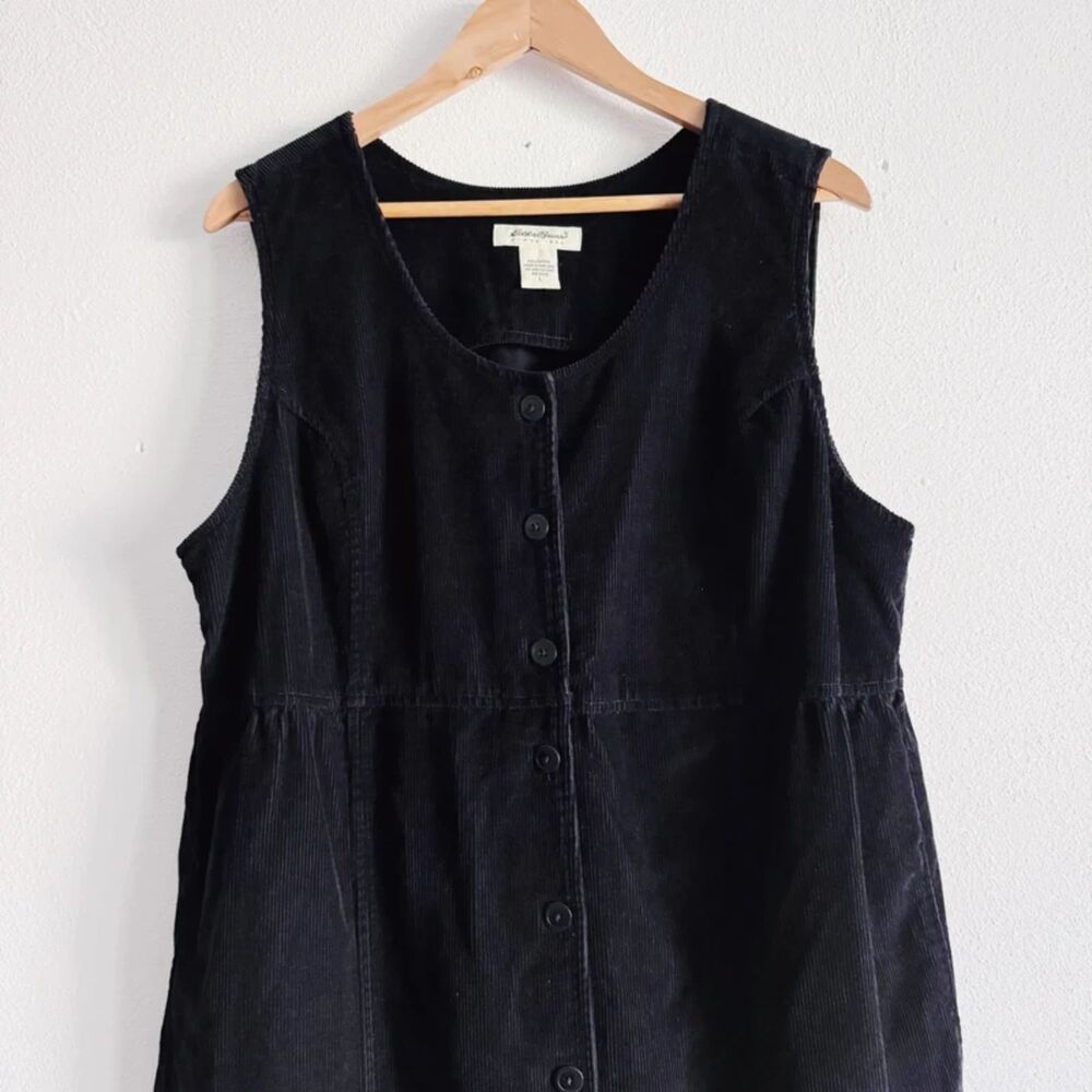 90s vintage black corduroy pinafore button down maxi dress